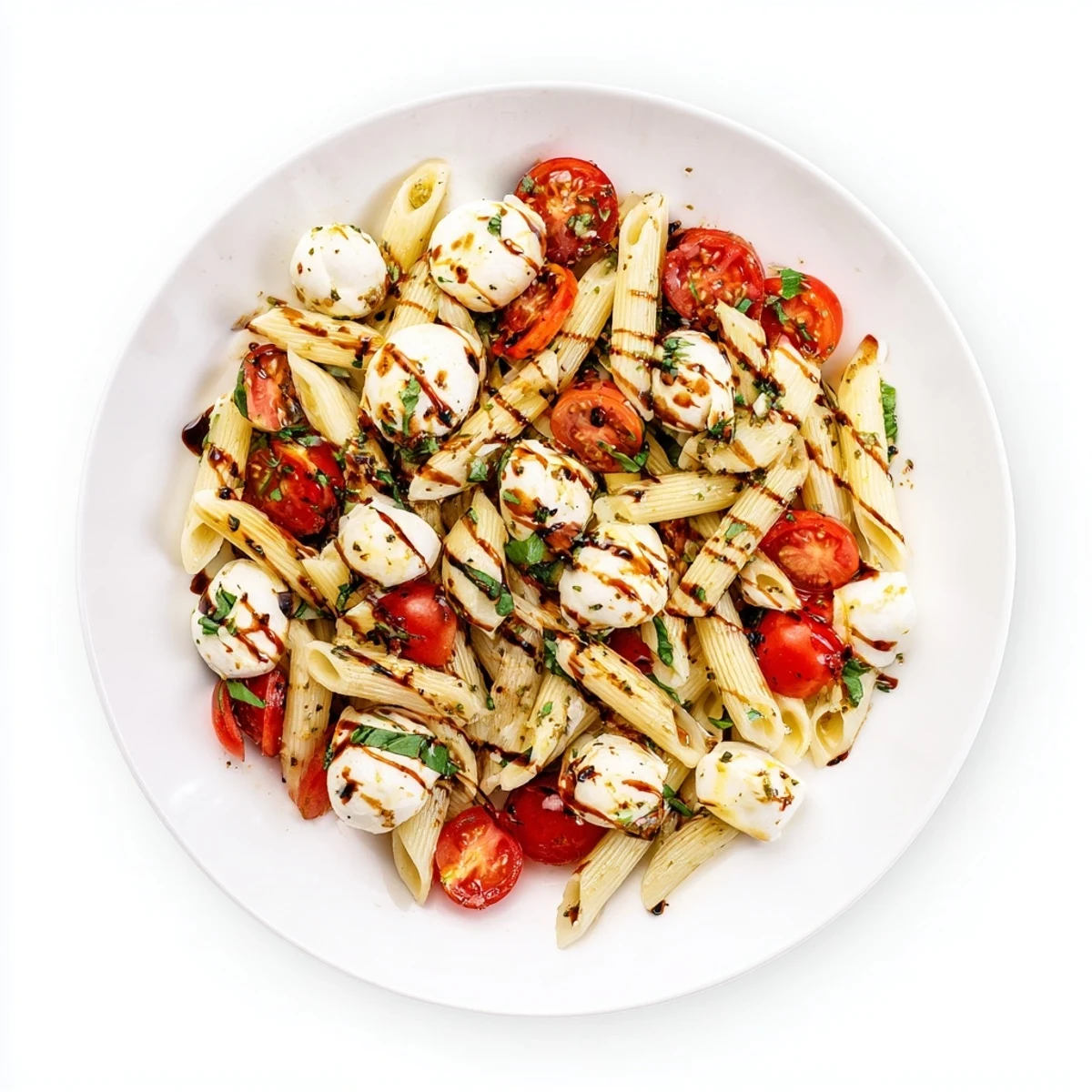 Creamy mozzarella melts into al dente pasta in Caprese Tomato Mozzarella Penne Recipe