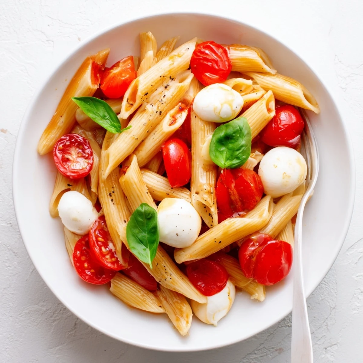 Caprese Pasta Recipe: steaming al dente penne with juicy tomatoes, creamy mozzarella.