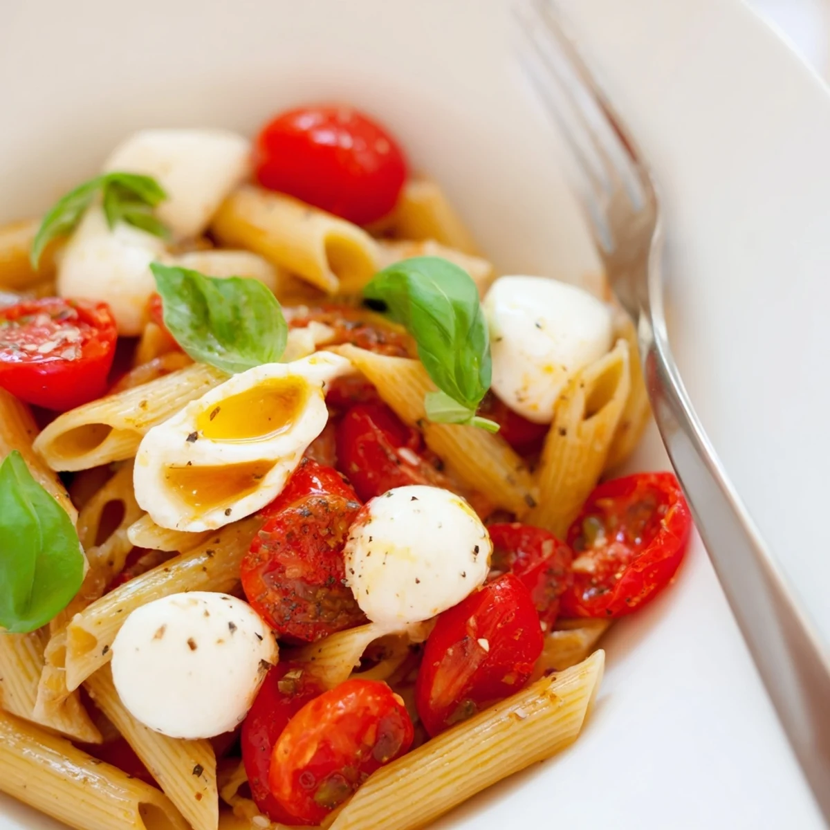 Weeknight Caprese Pasta Recipe plated with vibrant cherry tomatoes, torn basil, melted mozzarella.