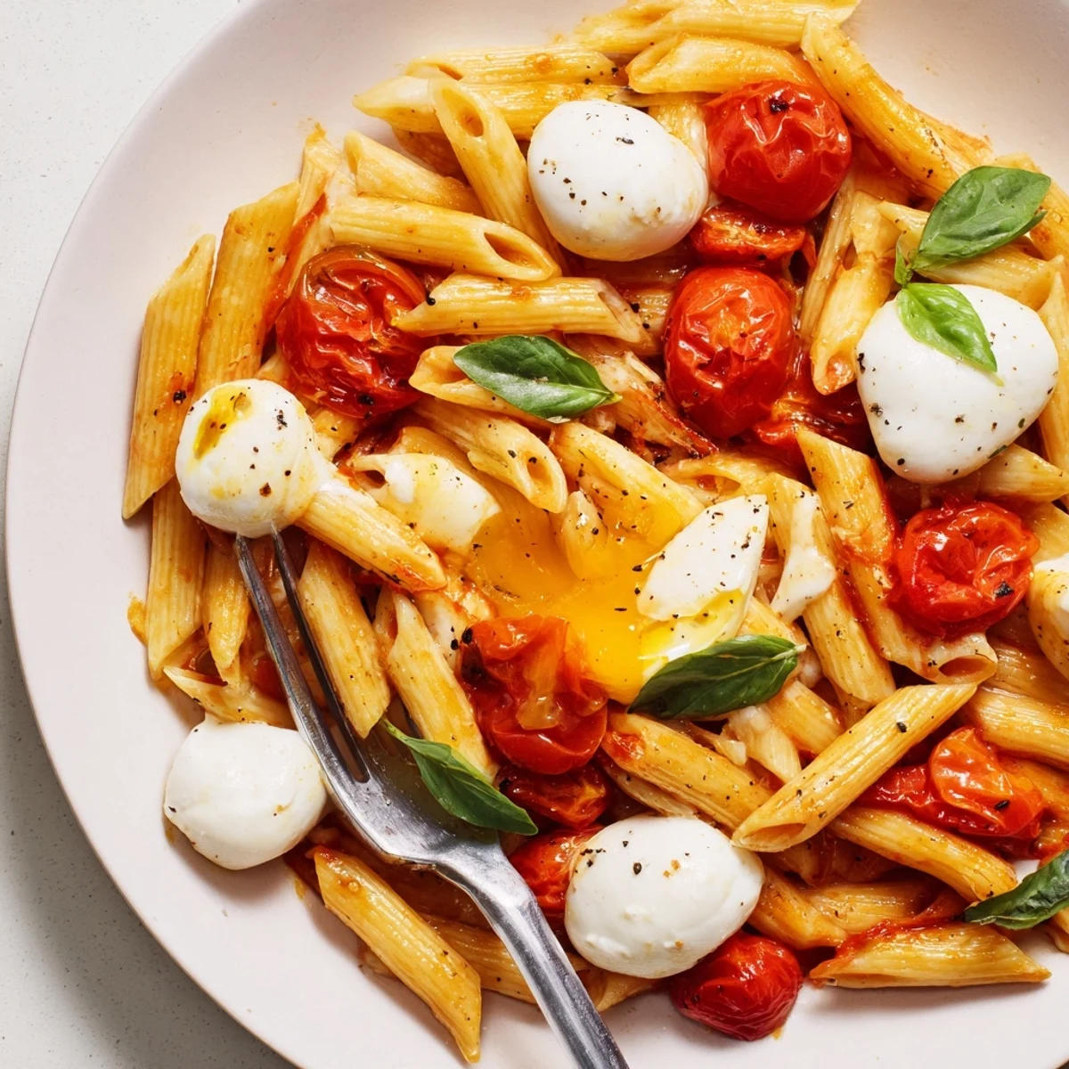 A fresh Caprese Pasta Recipe tossed with fragrant basil and extra virgin olive oil.