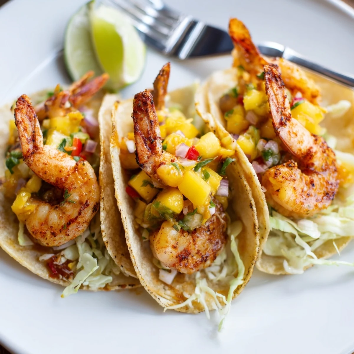 Bright Shrimp Tacos With Mango Salsa on warm tortillas, tangy lime wedges.