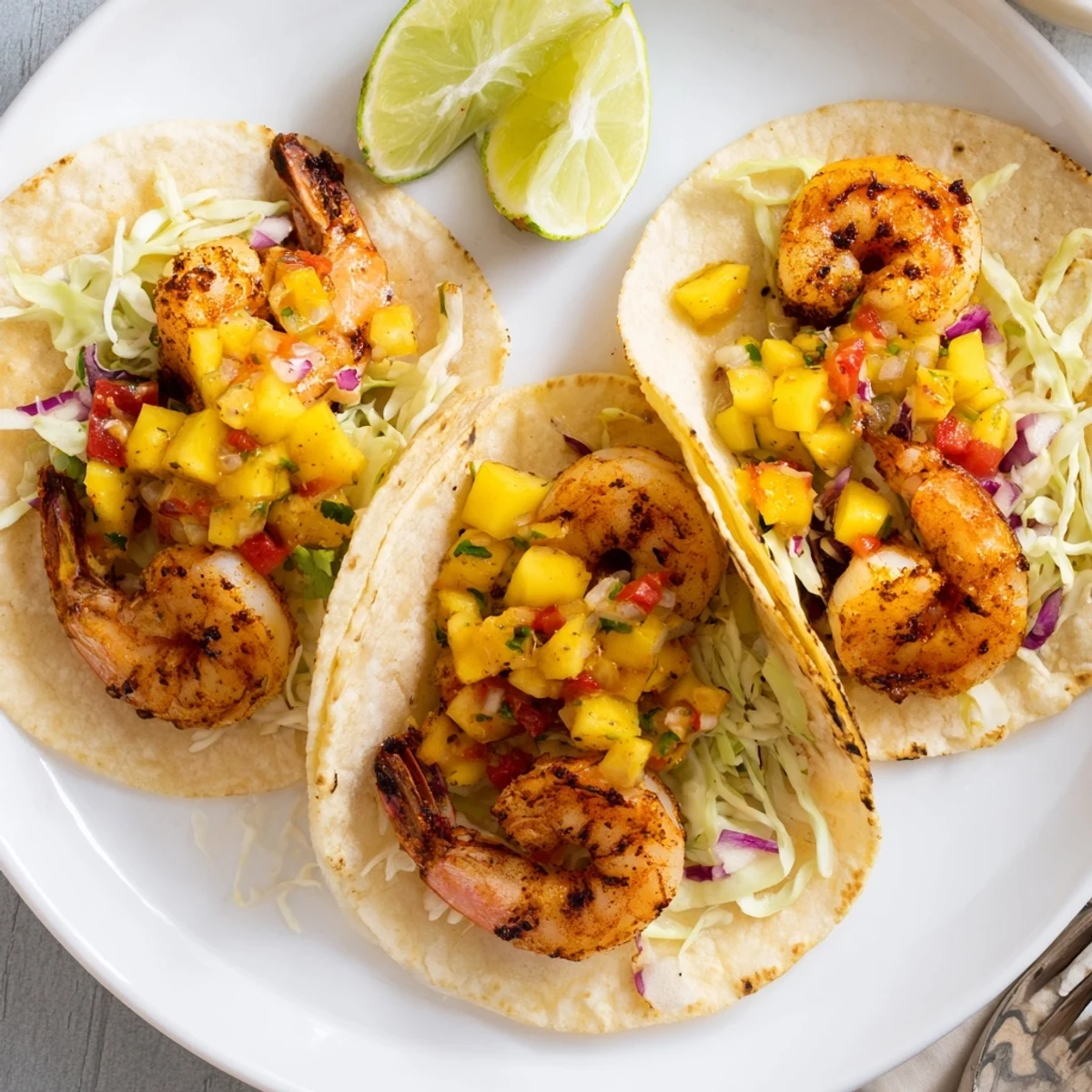Sizzling shrimp, sweet mango, and crunchy cabbage in Shrimp Tacos With Mango Salsa.
