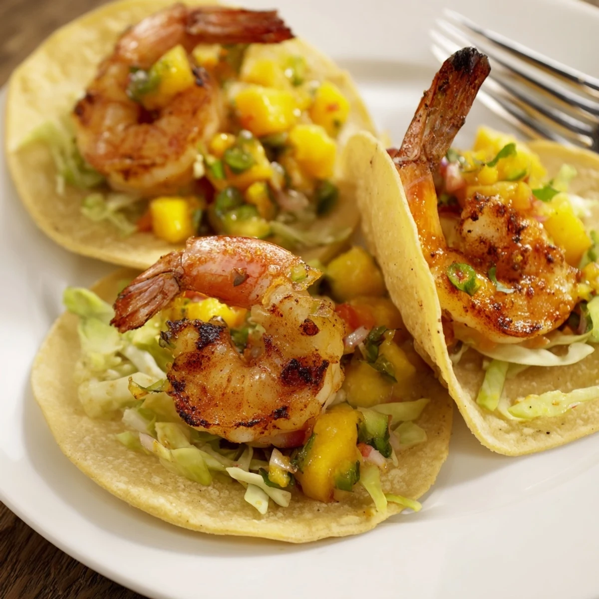 Handheld Shrimp Tacos With Mango Salsa topped with cilantro, juicy mango bites.