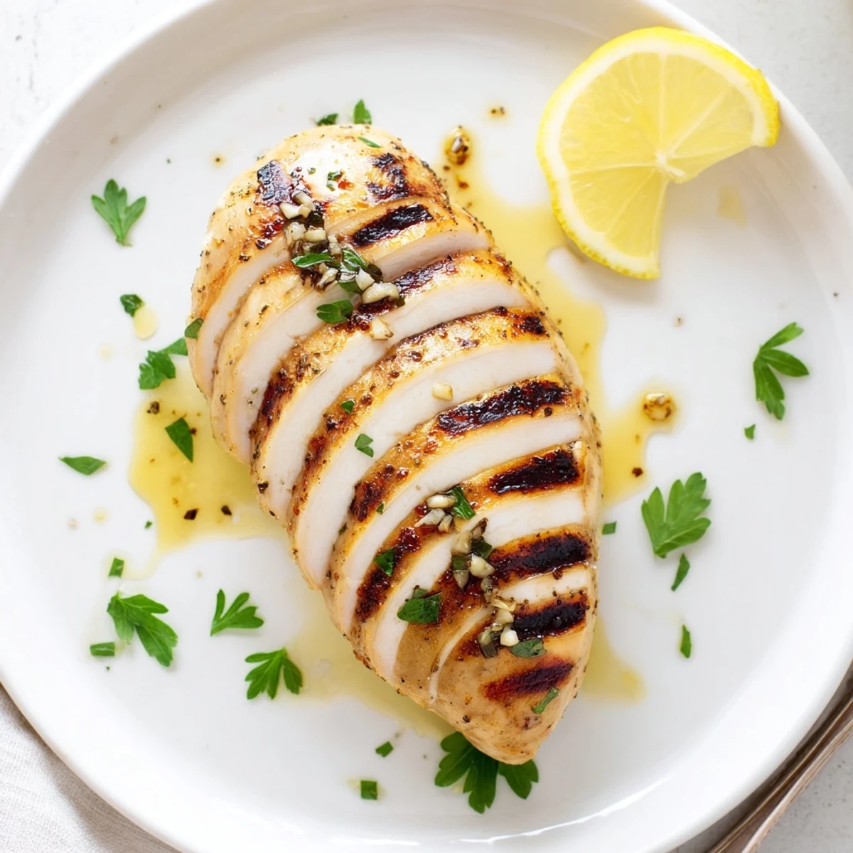 Grilled Chicken resting on cutting board, golden char marks and lemon wedges