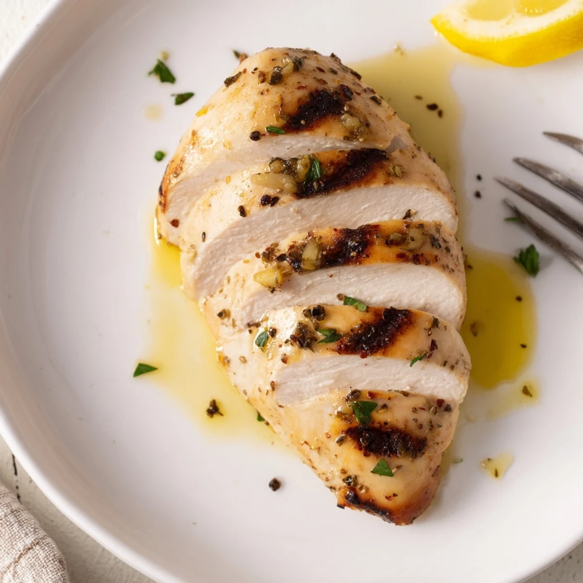 Juicy Grilled Chicken breast with parsley garnish, charred edges, ready to eat