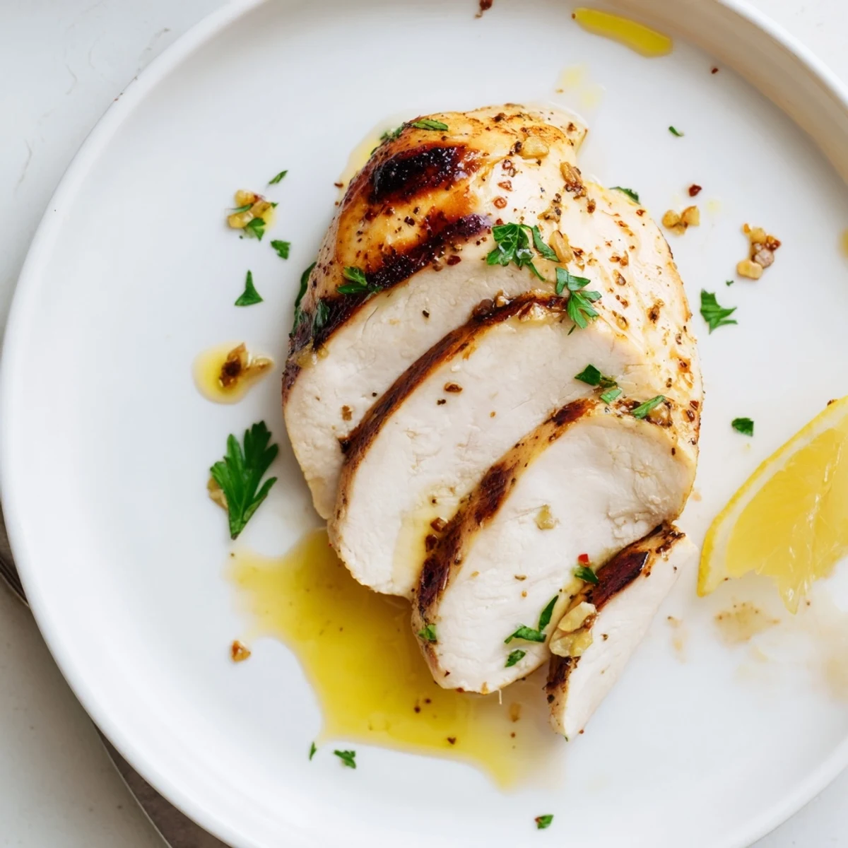 Sliced Grilled Chicken glistening with herb marinade, served alongside grilled vegetables