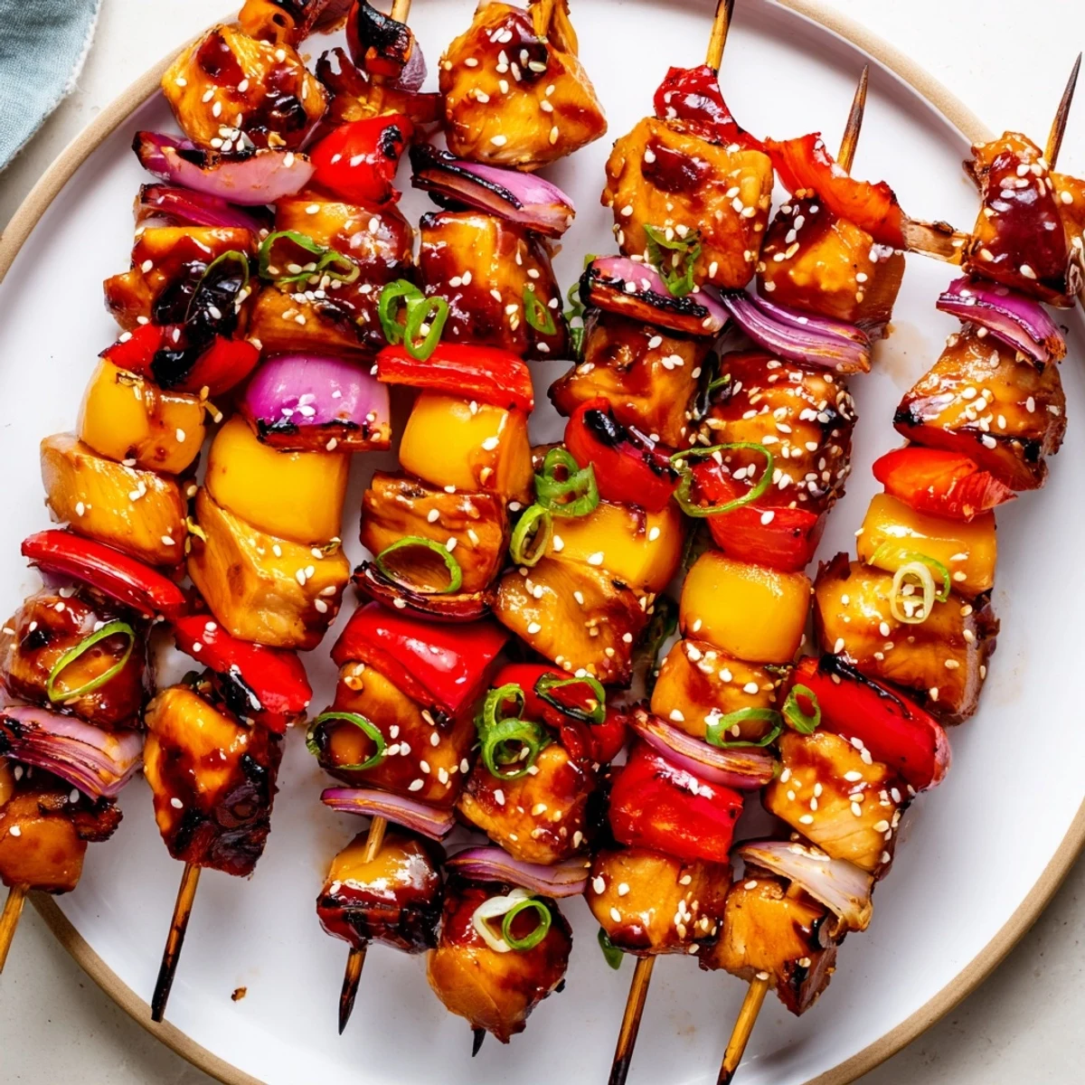 Juicy Chicken Skewers With Korean BBQ Sauce, grilled char and toasted sesame  