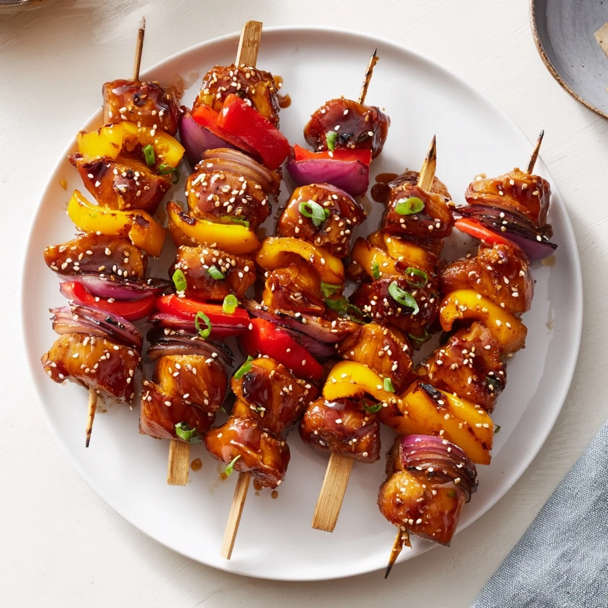 Chicken Skewers With Korean BBQ Sauce on platter, scallions, sticky glossy glaze  