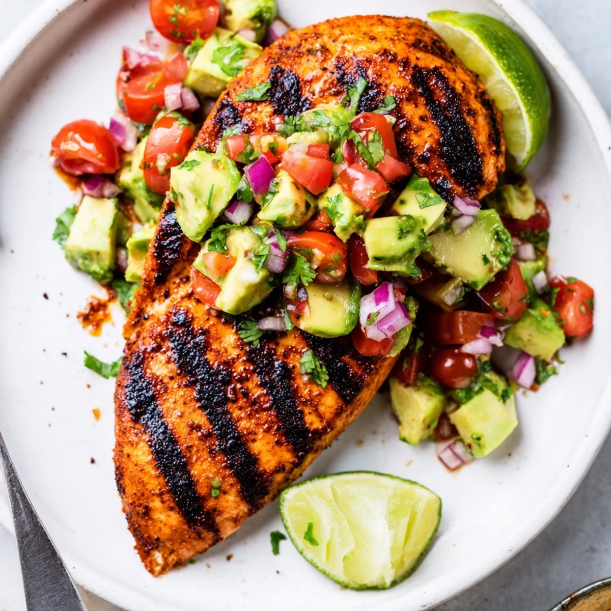 Juicy Grilled California Avocado Chicken topped with creamy tomato avocado salsa  