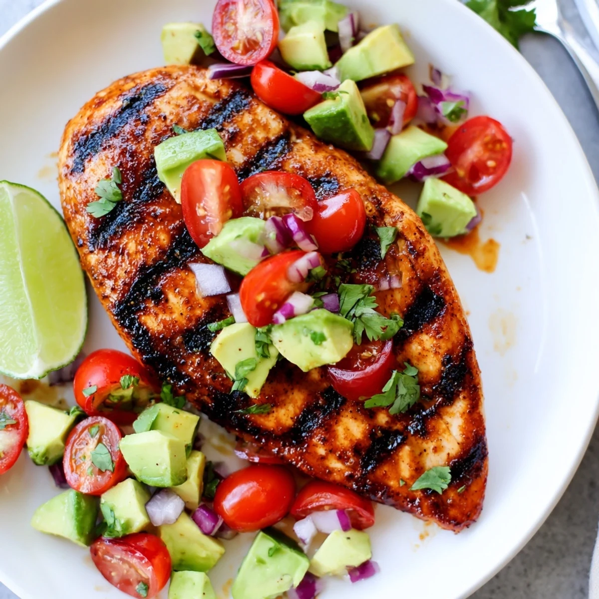 Juicy Grilled California Avocado Chicken on a plate with charred grill marks  