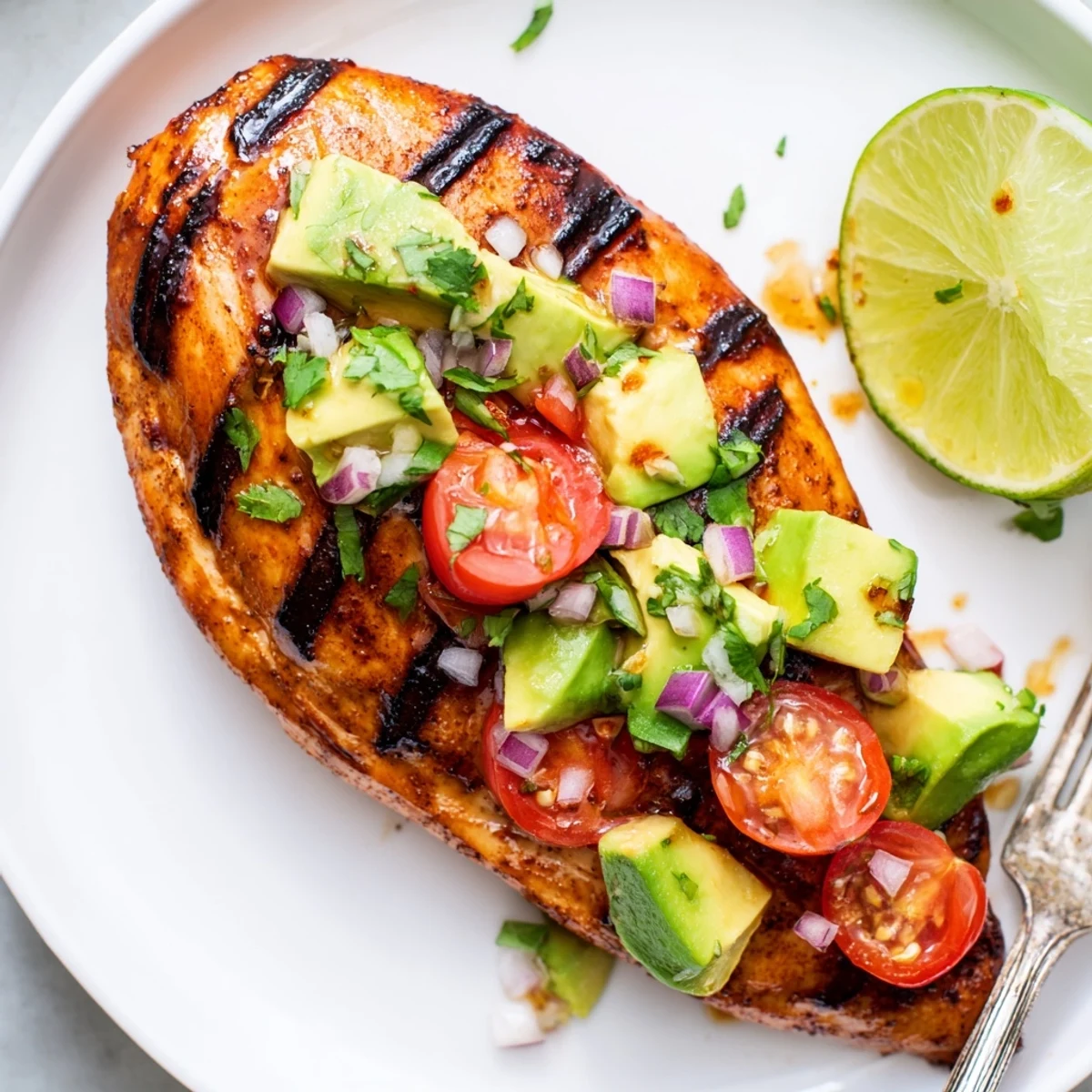 Juicy Grilled California Avocado Chicken served with zesty lime, cilantro, and grilled corn