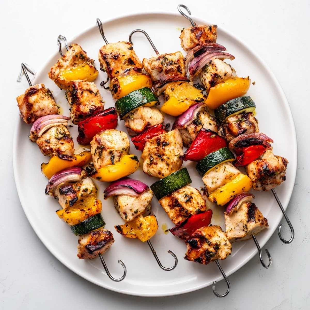 Chicken Kabobs On The Grill sizzling with charred vegetables, lemon-marinated chicken pieces