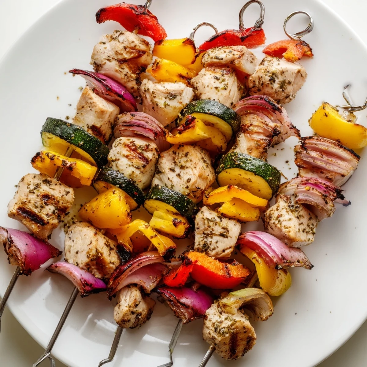 Zesty herb-marinated Chicken Kabobs On The Grill beside rice and crisp salad