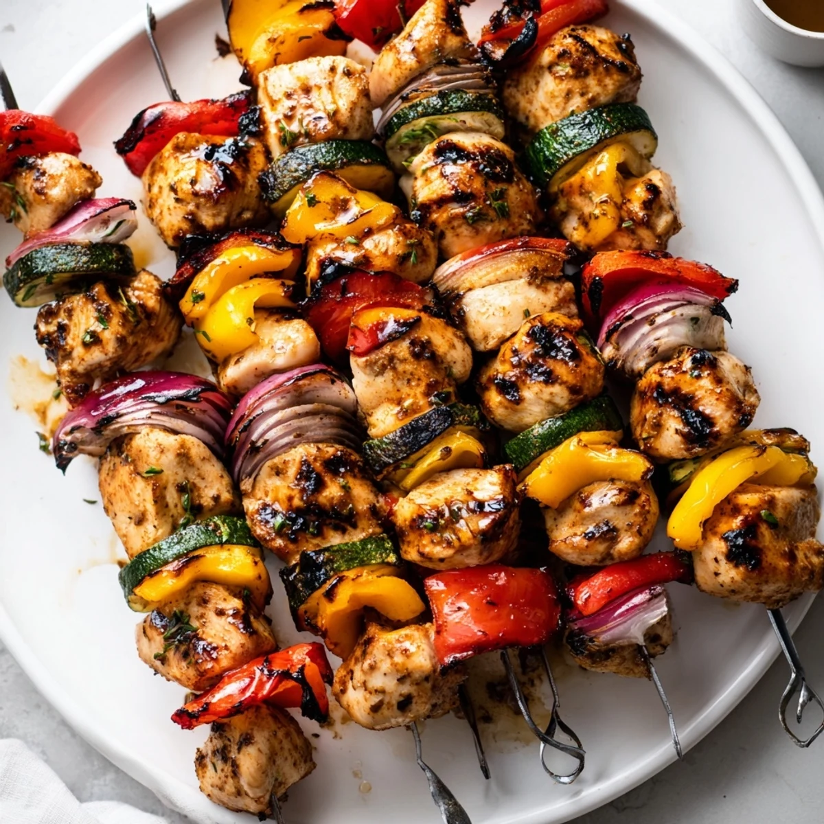 Smoky Chicken Kabobs On The Grill resting on skewers, ready to serve