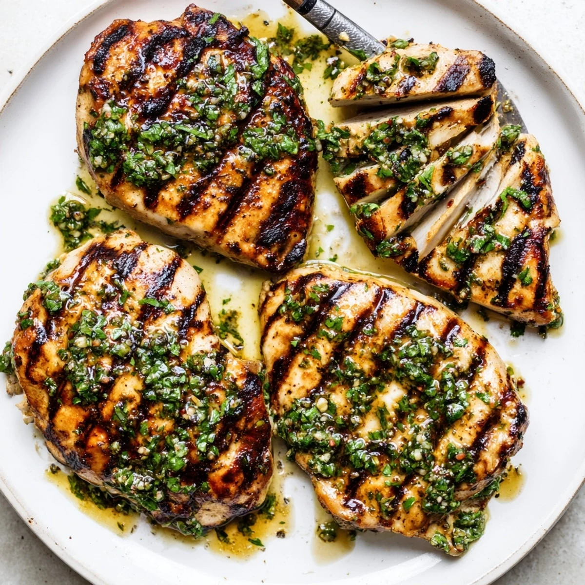 Grilled Chimichurri Chicken sliced with charred grill marks and bright herb sauce
