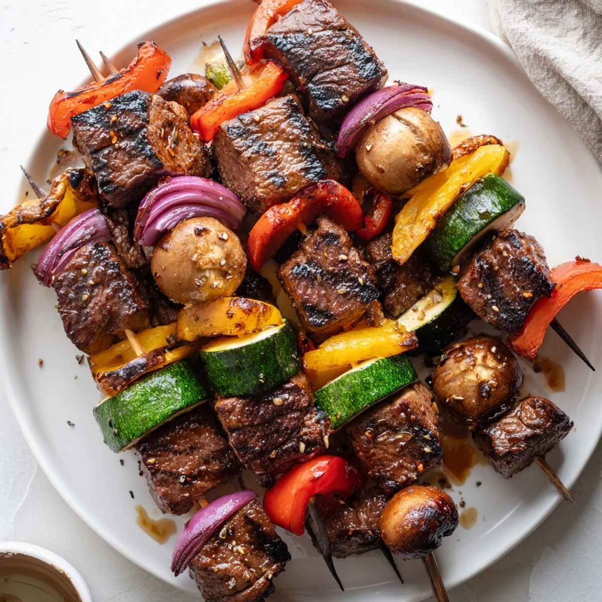 Grilled Steak Kabobs glistening with charred edges, colorful peppers, juicy steak cubes