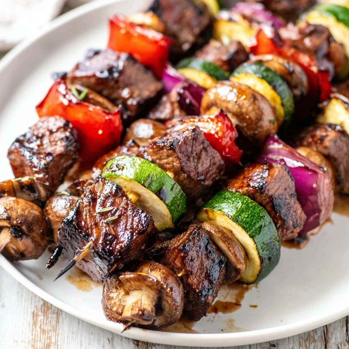 Weeknight-ready Grilled Steak Kabobs marinated, skewered with zucchini, onions, sizzling