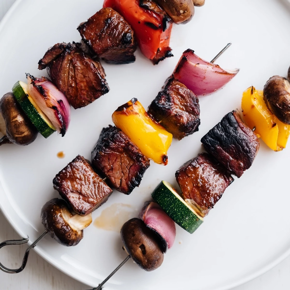 Grilled Steak Kabobs resting on a platter, juicy meat and colorful peppers