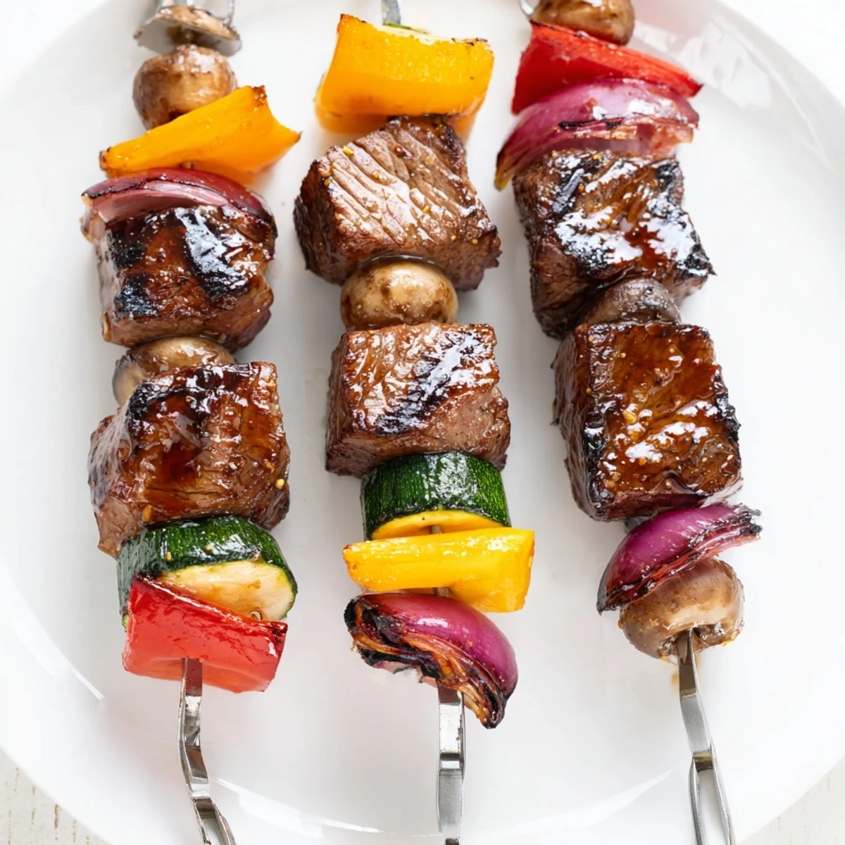 Steak Kabobs sizzling on a grill, tender beef and charred vegetables