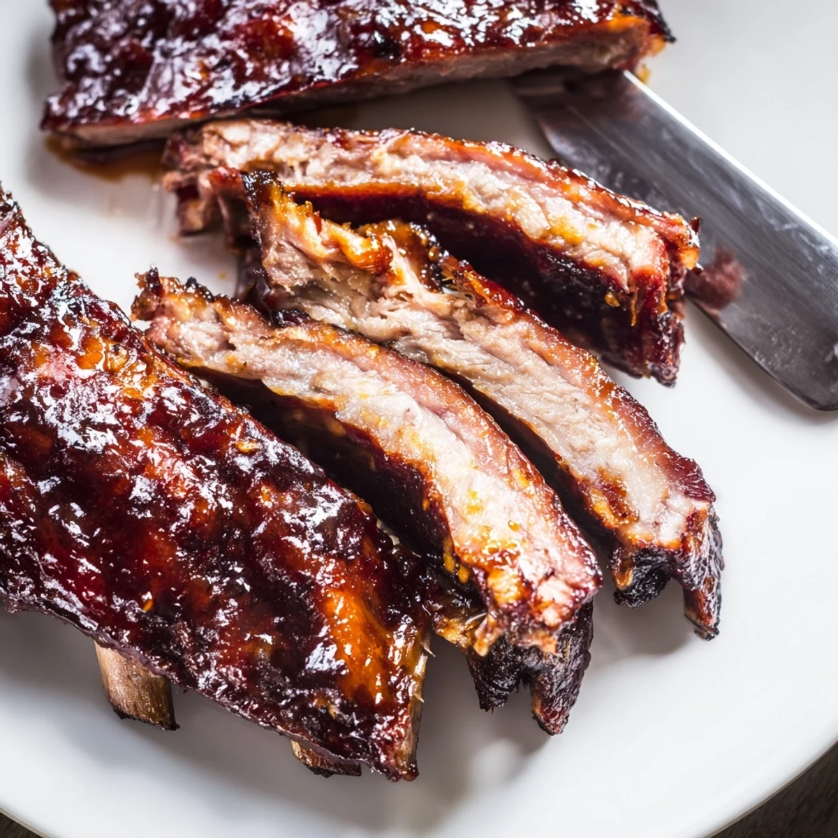 Grilled Ribs glazed with sticky barbecue sauce, charred edges and tender meat