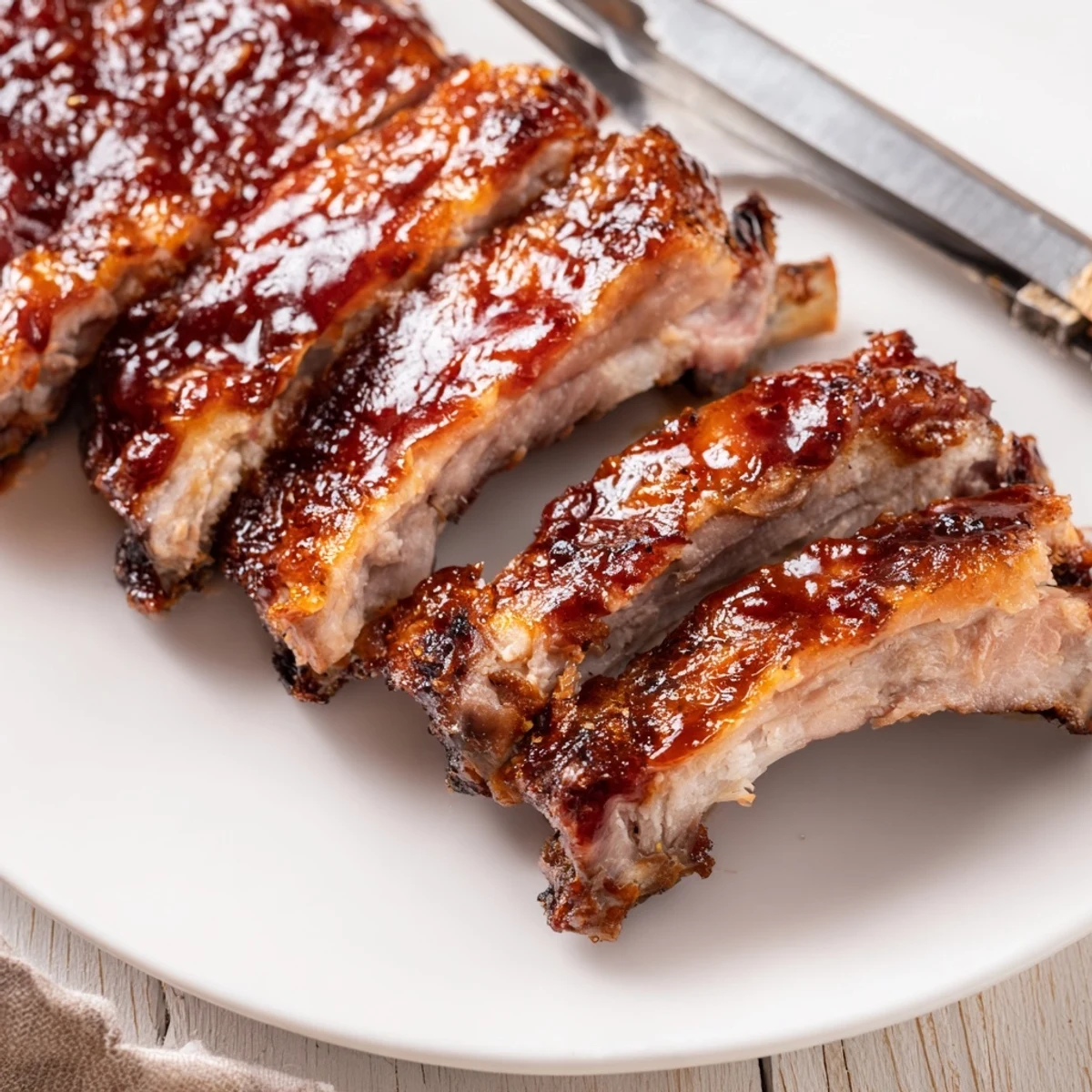 Plated Grilled Ribs resting beside cornbread and crisp coleslaw, smoky aroma