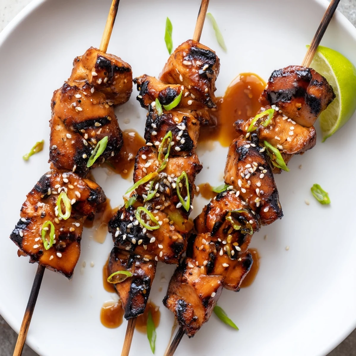Grilled Asian Chicken Skewers With Honey Garlic Sauce, charred edges glistening, sesame seeds
