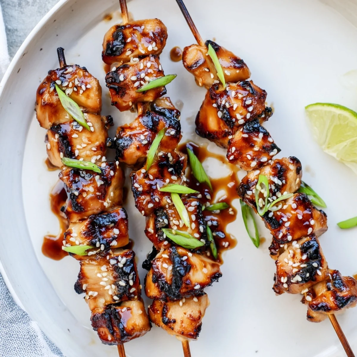 Grilled Asian Chicken Skewers With Honey Garlic Sauce served over jasmine rice, bright lime