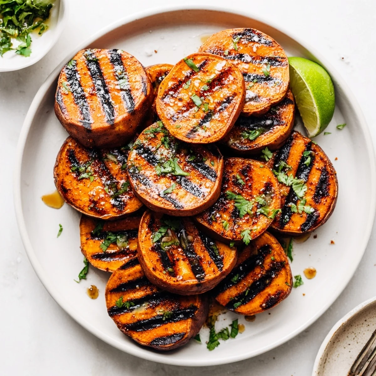 Warm Grilled Sweet Potatoes Simple Smoky Summer Side plated with lime wedges.