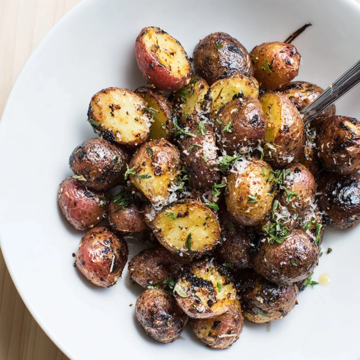Grilled Potatoes Recipe showing smoky, crispy halves garnished with parsley and Parmesan