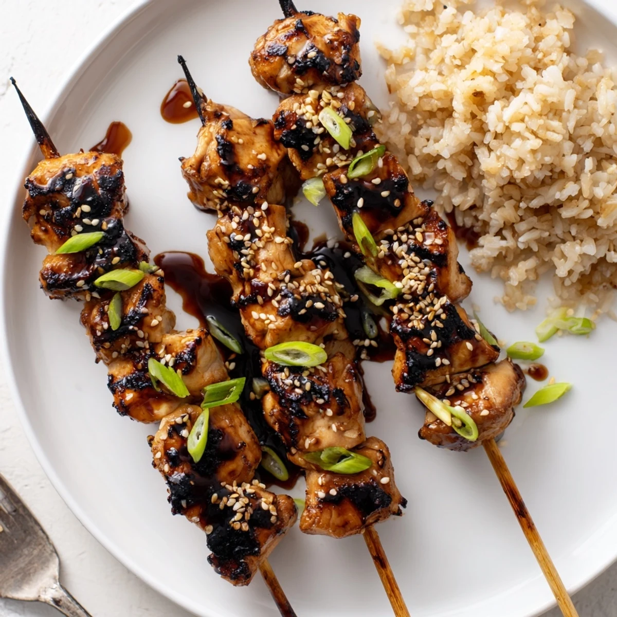 Grilled Teriyaki Chicken Skewers resting on rice, scallions and toasted sesame