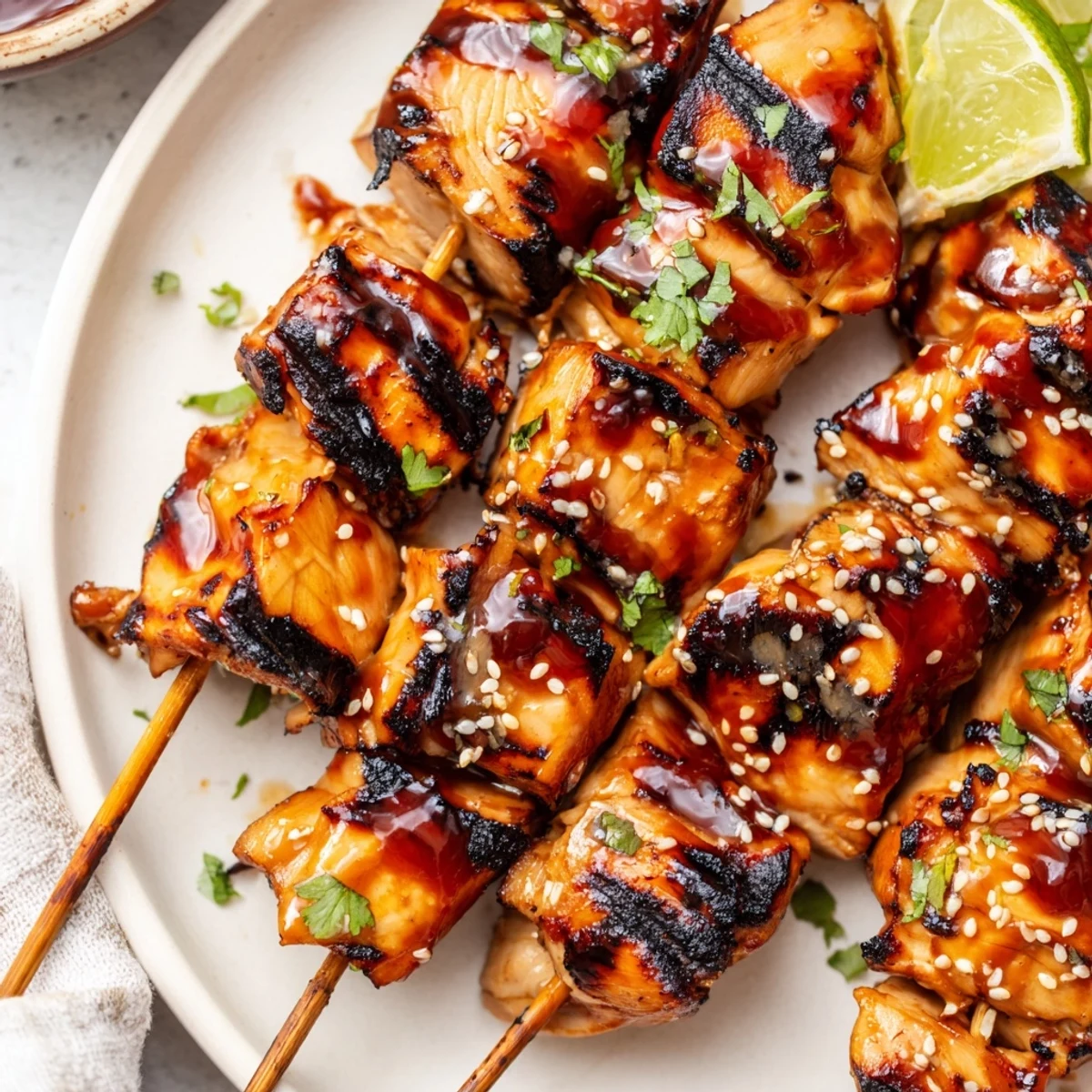Smoky Grilled Bang Bang Chicken Skewers topped with cilantro, sesame, lime wedges