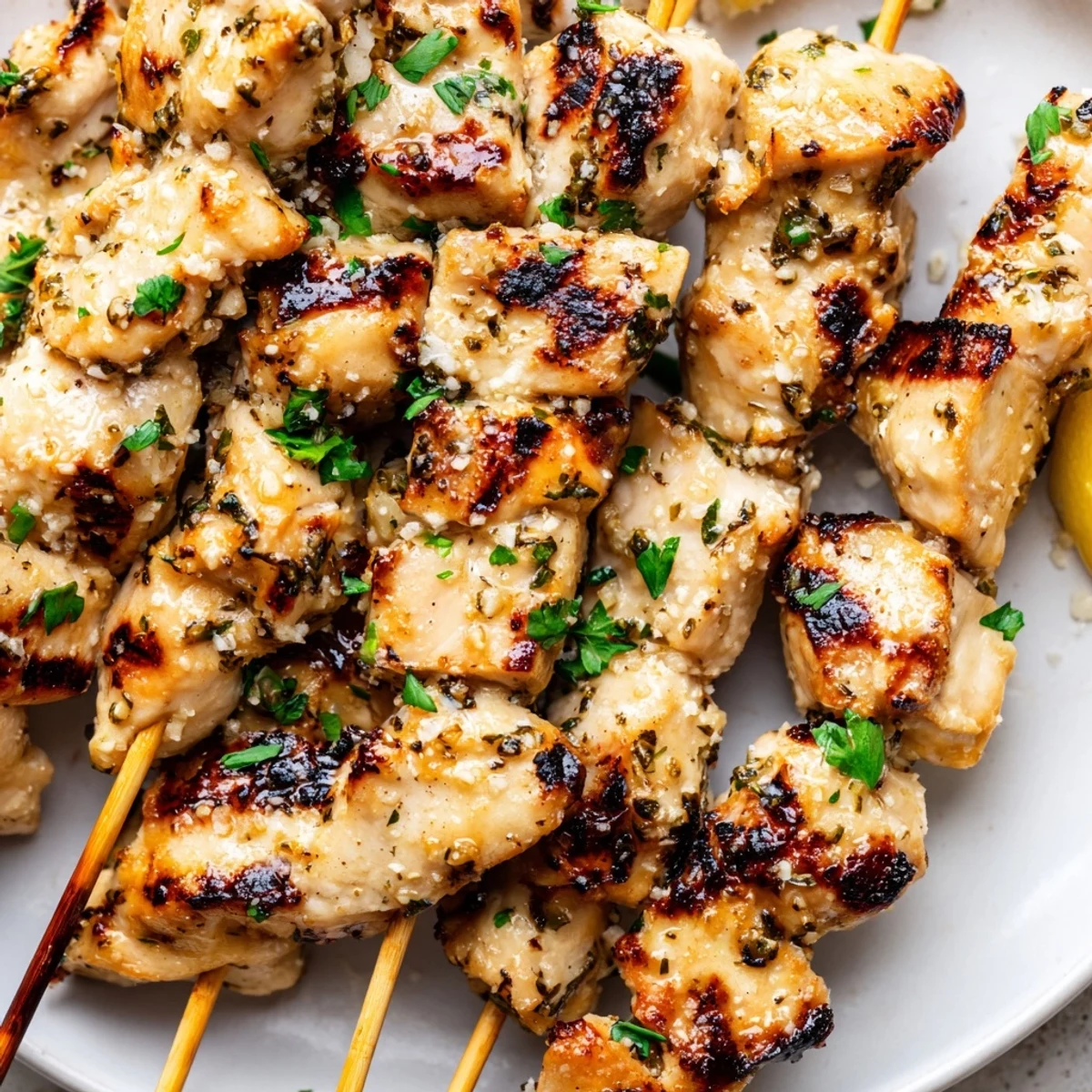 Close-up of Savory Garlic Parmesan Chicken Skewers sizzling with charred edges