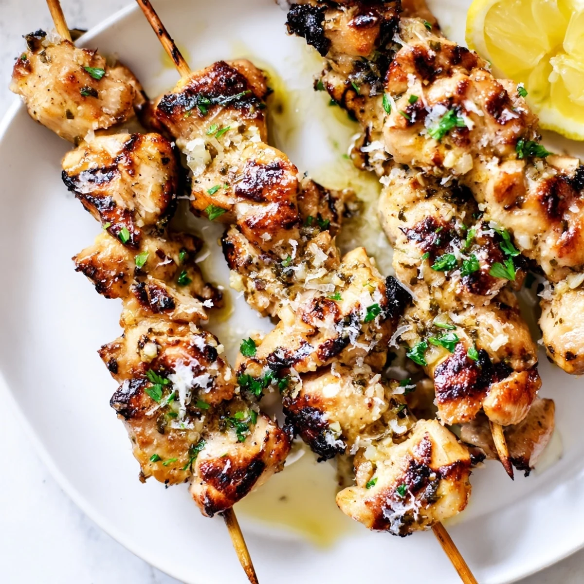 Savory Garlic Parmesan Chicken Skewers stacked on platter with lemon wedges and parsley