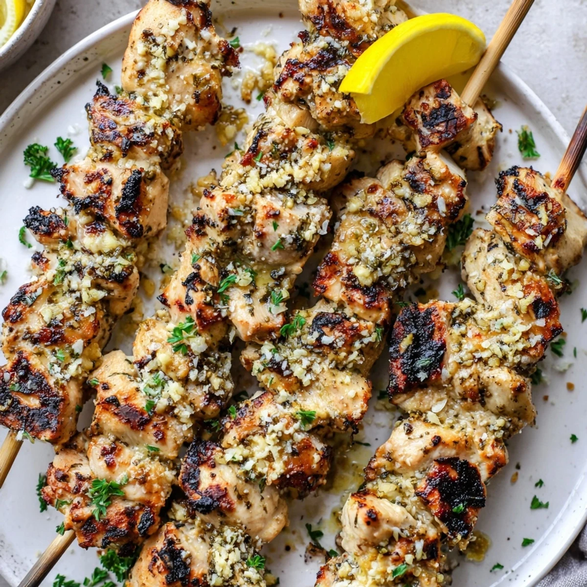 Grilled Savory Garlic Parmesan Chicken Skewers glazed, juicy interior, parsley sprinkled for serving