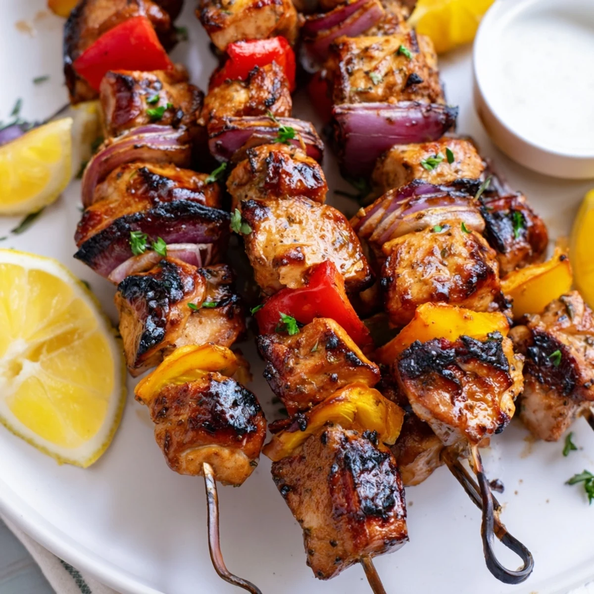 Greek Marinated Chicken Kabobs sizzling on the grill with charred vegetables.