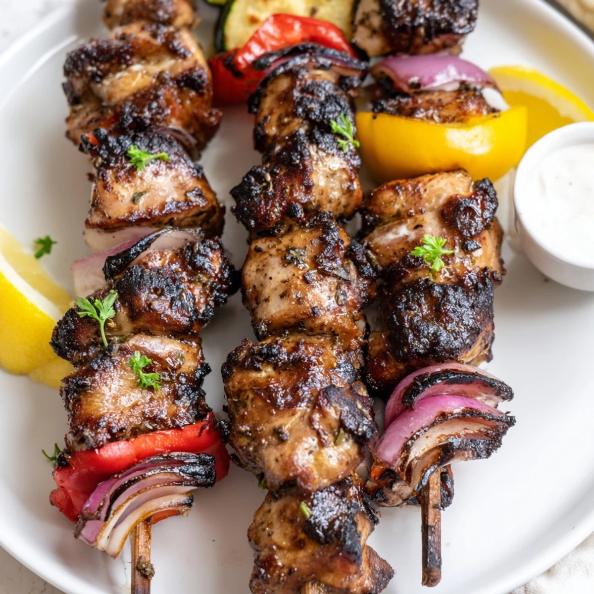 Smoky Greek Marinated Chicken Kabobs served with lemon wedges and tzatziki.