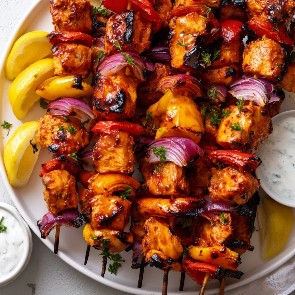 Juicy Greek Marinated Chicken Kabobs threaded with peppers, onions, zucchini.