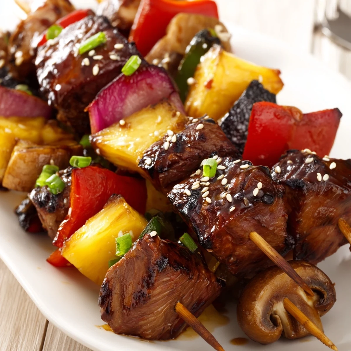Grilled Teriyaki Steak Kabobs glisten with caramelized edges, skewered vegetables steaming