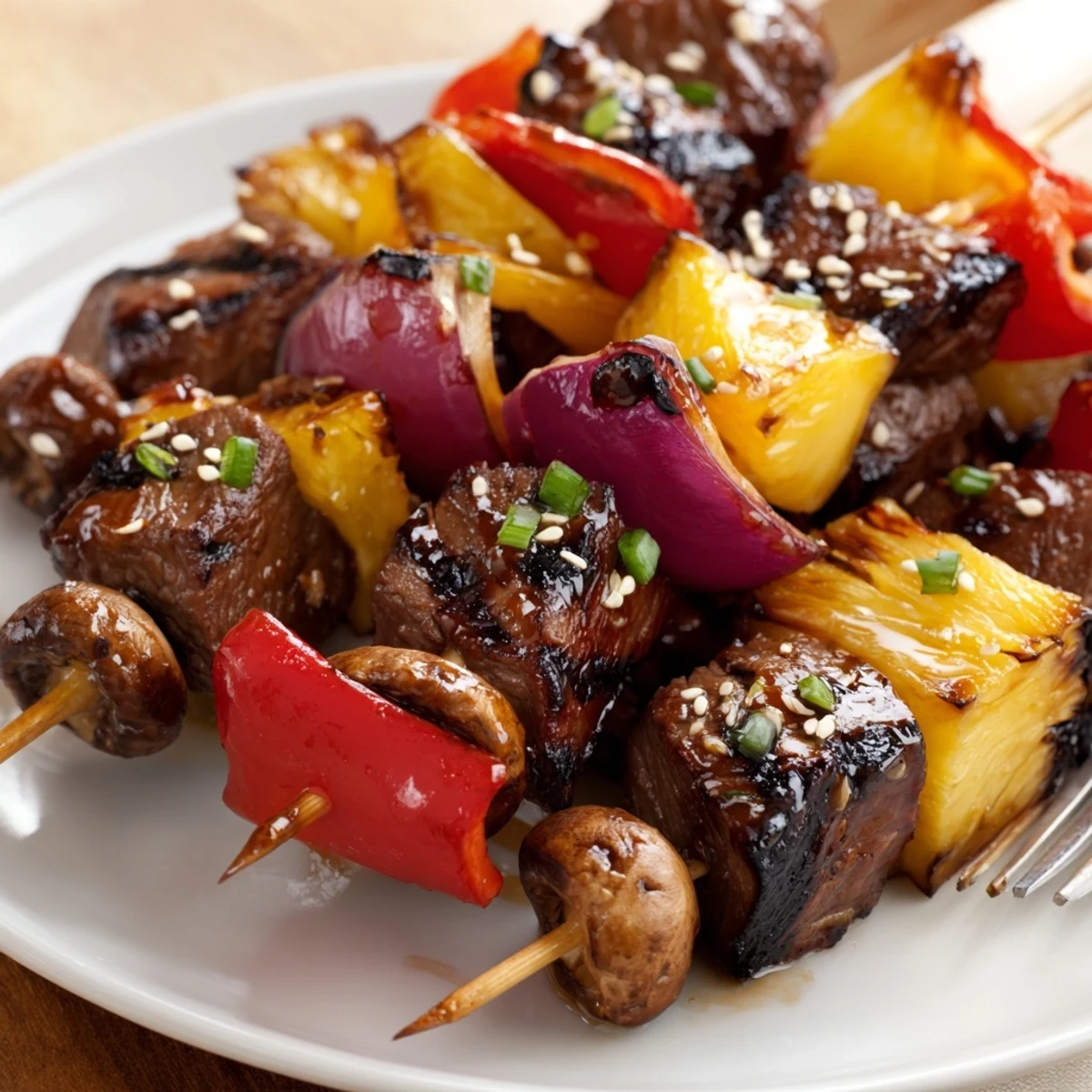 Charred bell peppers and juicy meat on Grilled Teriyaki Steak Kabobs, plated