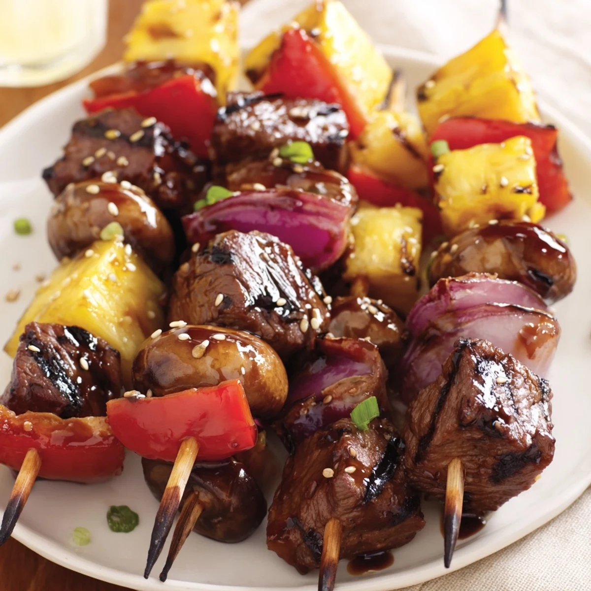 Family-style Grilled Teriyaki Steak Kabobs brushed with reserved marinade, served sizzling