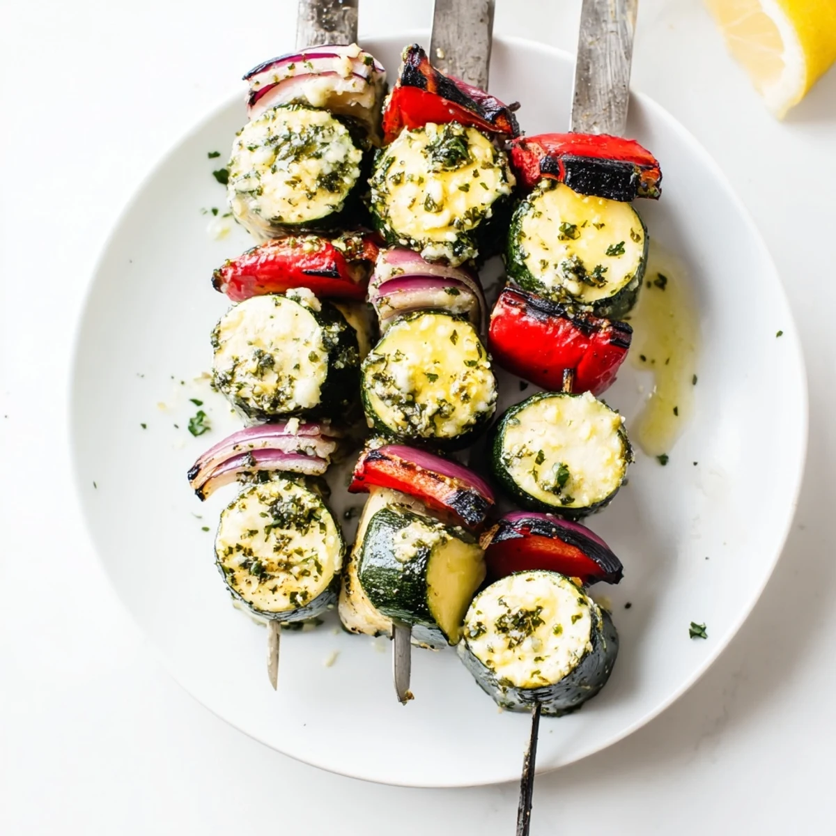 Warm Garlic Butter Zucchini Skewers brushed with lemony garlic butter, parsley flecks