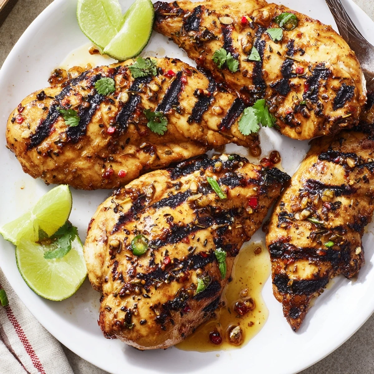 Zesty Key West Grilled Chicken resting on platter with lime wedges, aromatic steam
