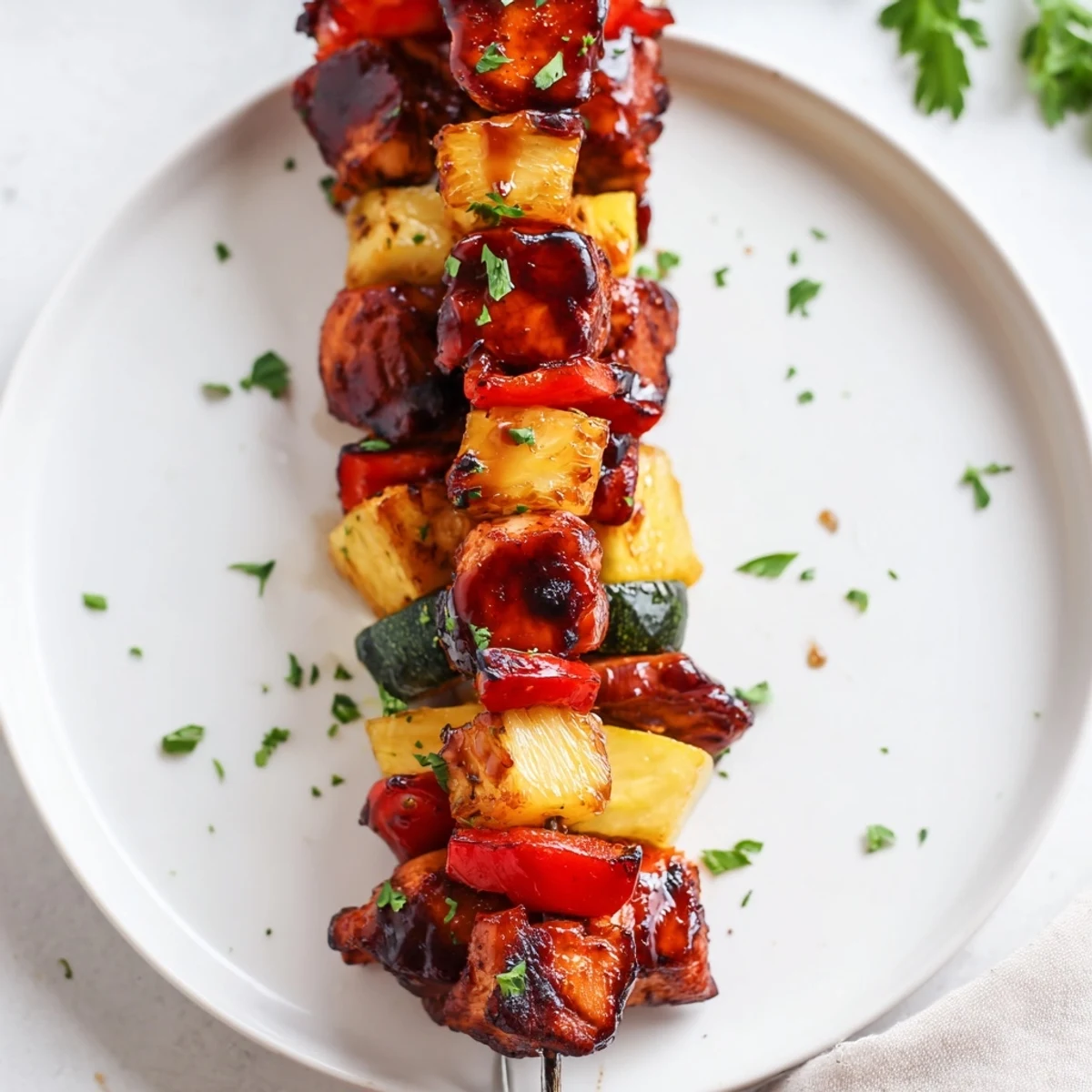 Grilled Chicken Kabobs With Pineapple And Zucchini sizzling with charred edges, served hot
