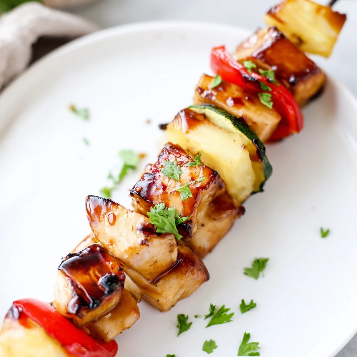 Grilled Chicken Kabobs With Pineapple And Zucchini marinated, colorful summer barbecue plate with herbs