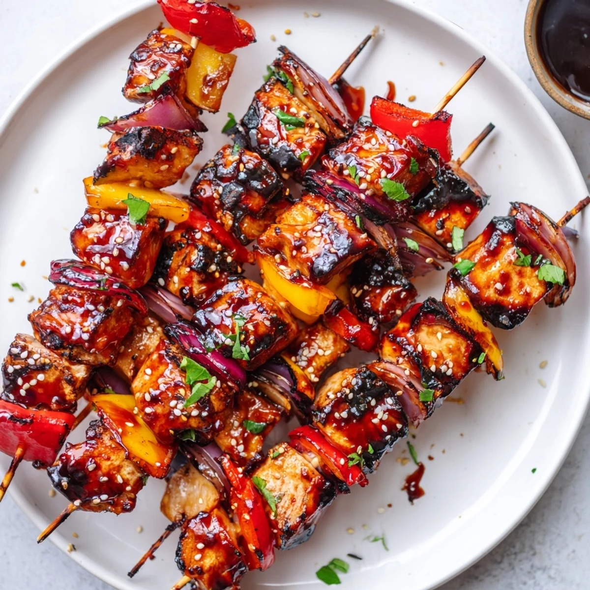 Grilled Juicy Honey Garlic BBQ Chicken Skewers with charred peppers, sticky glaze