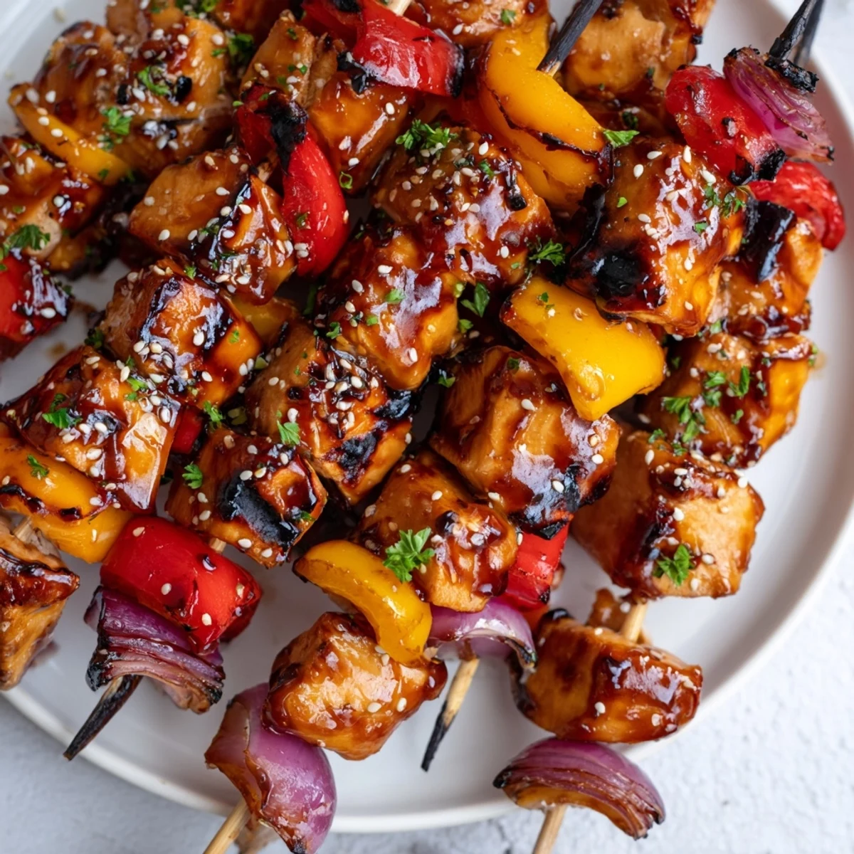 Juicy Honey Garlic BBQ Chicken Skewers sizzling with glaze, charred edges, served hot