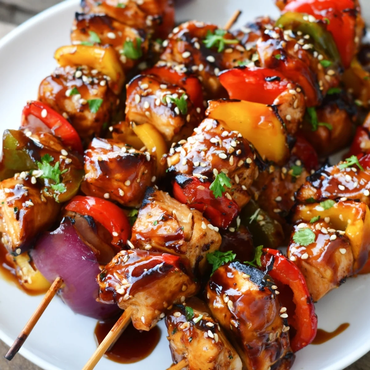 Family style Juicy Honey Garlic BBQ Chicken Skewers plated with rice, bright peppers