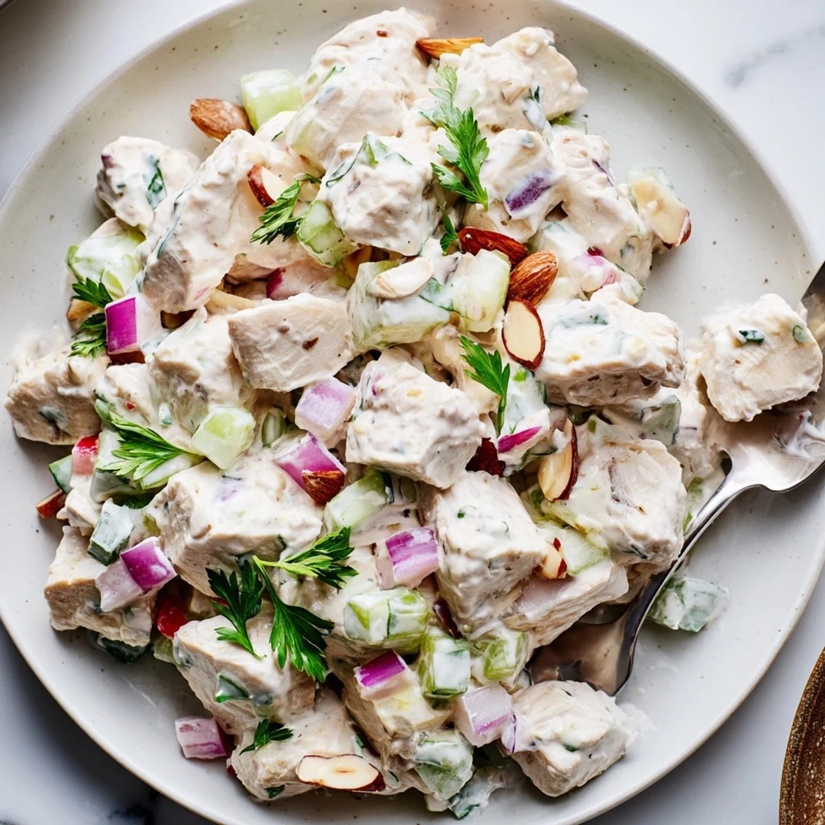 Light Healthy Greek Yogurt Chicken Salad Recipe layered in a sandwich with grapes