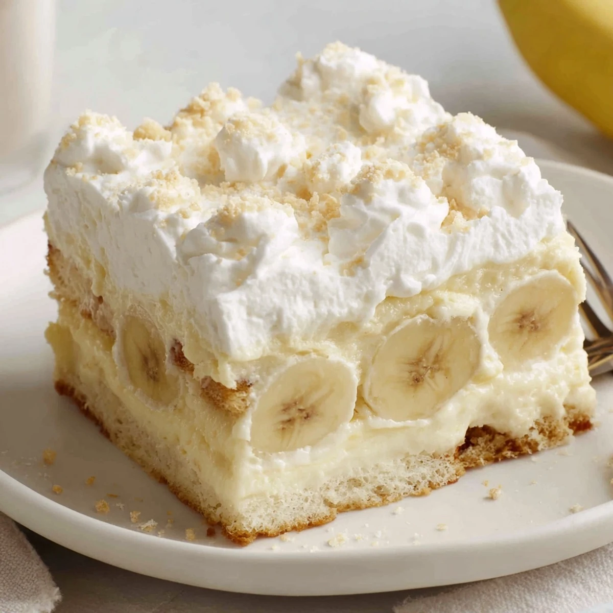 Banana Pudding Cake Recipe: moist layers, creamy pudding, sliced bananas topping.