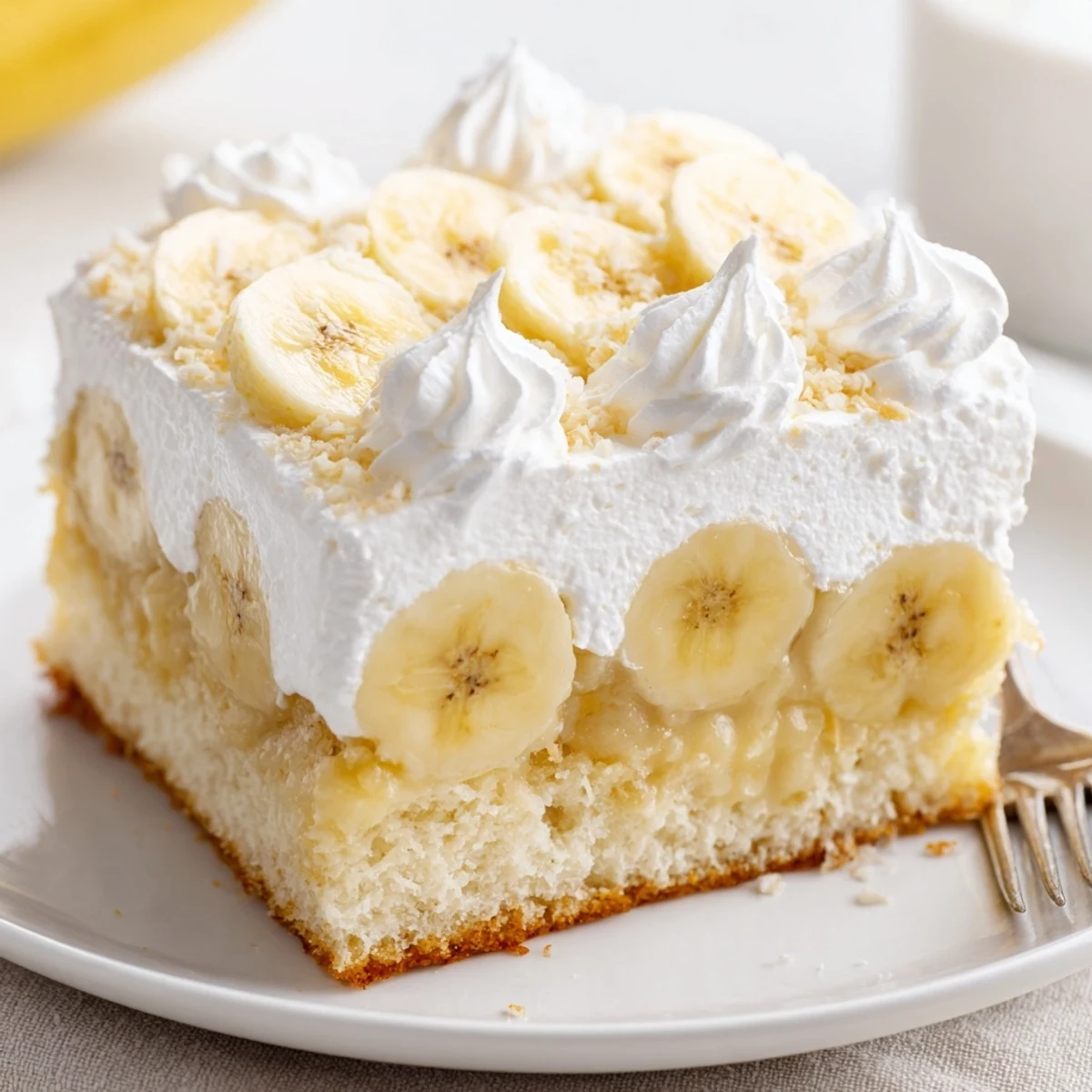 Chilled Banana Pudding Cake Recipe layered with whipped cream and crushed wafers.